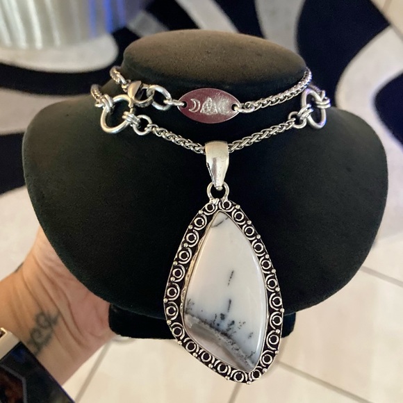 925 sterling silver overlay white grey agate gemstone charm boho stone necklace - Picture 1 of 14